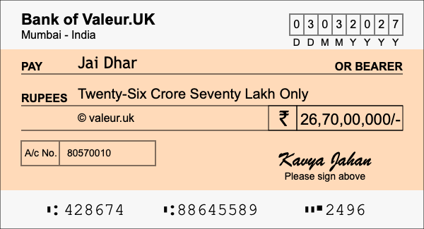 How to write a cheque for 26.7 crore rupees
