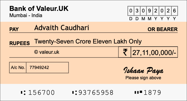 How to write a cheque for 27.11 crore rupees