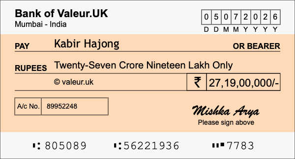How to write a cheque for 27.19 crore rupees