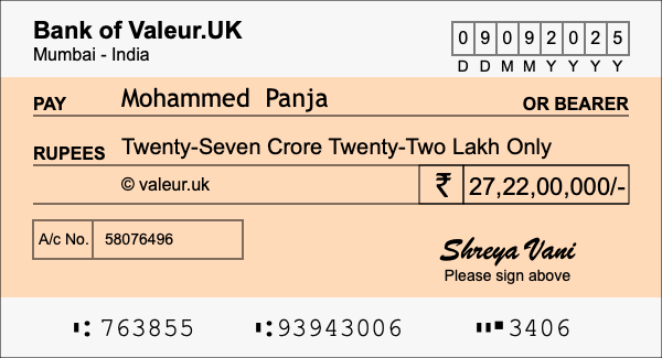 How to write a cheque for 27.22 crore rupees