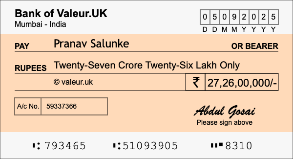 How to write a cheque for 27.26 crore rupees