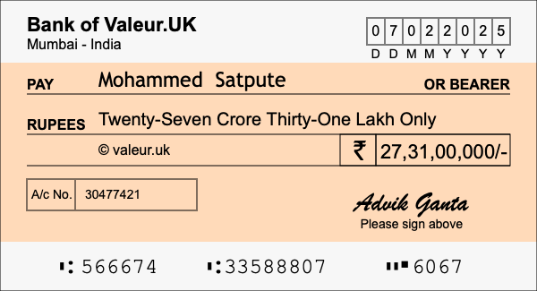 How to write a cheque for 27.31 crore rupees