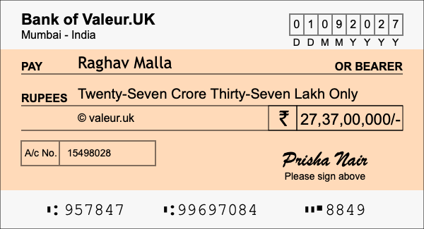 How to write a cheque for 27.37 crore rupees