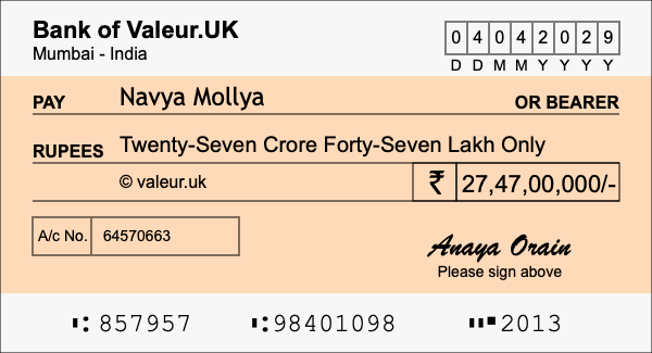How to write a cheque for 27.47 crore rupees