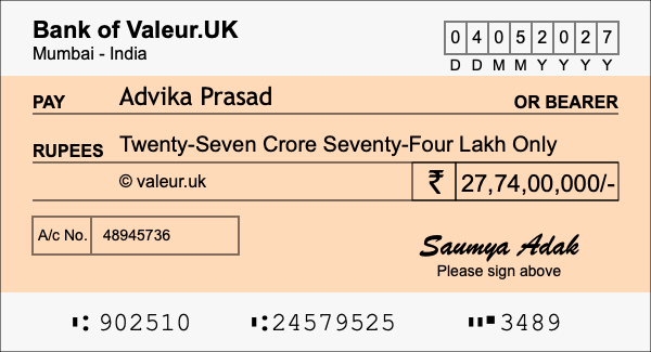 How to write a cheque for 27.74 crore rupees