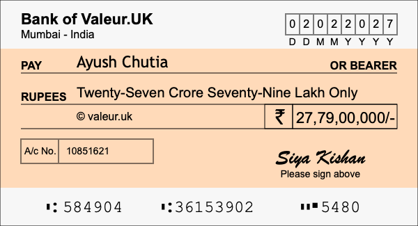 How to write a cheque for 27.79 crore rupees