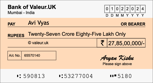 How to write a cheque for 27.85 crore rupees