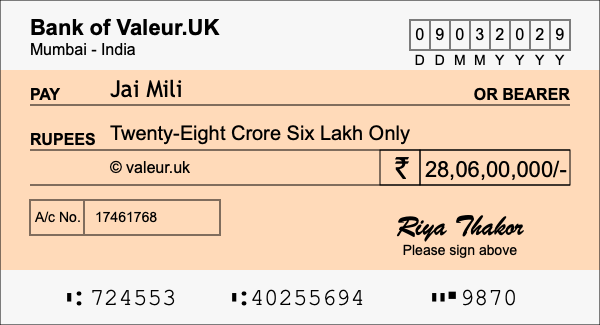 How to write a cheque for 28.06 crore rupees How to write a cheque for 28.06 crore rupees
