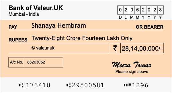 How to write a cheque for 28.14 crore rupees