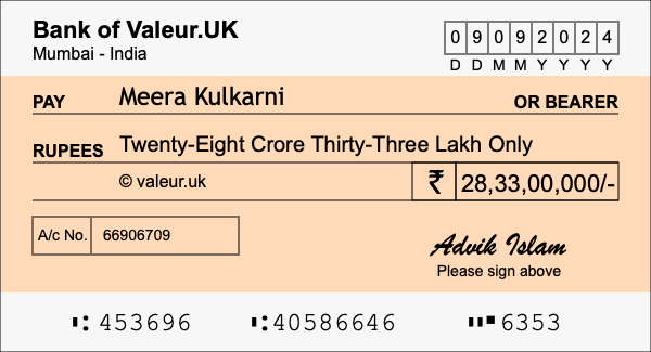 How to write a cheque for 28.33 crore rupees