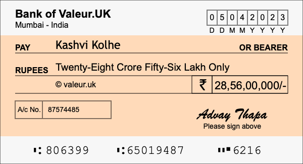 How to write a cheque for 28.56 crore rupees
