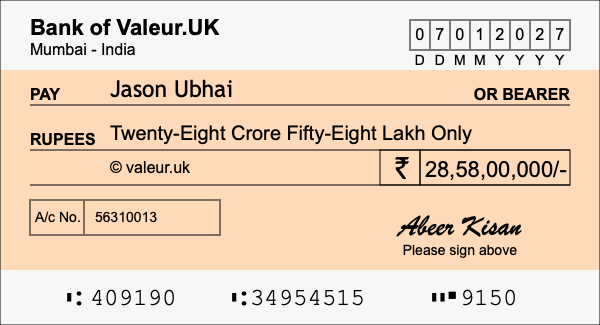 How to write a cheque for 28.58 crore rupees