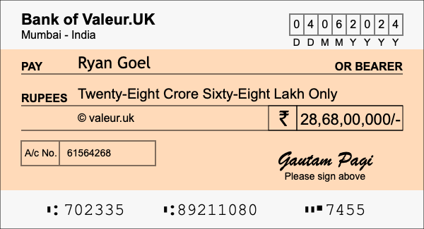 How to write a cheque for 28.68 crore rupees