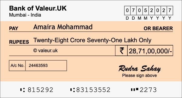 How to write a cheque for 28.71 crore rupees