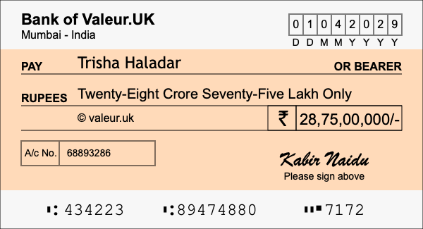 How to write a cheque for 28.75 crore rupees