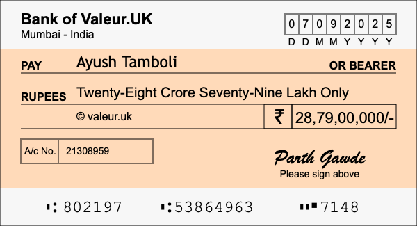 How to write a cheque for 28.79 crore rupees