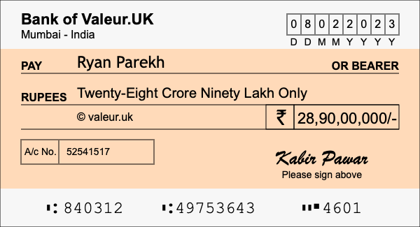 How to write a cheque for 28.9 crore rupees