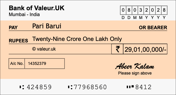 How to write a cheque for 29.01 crore rupees