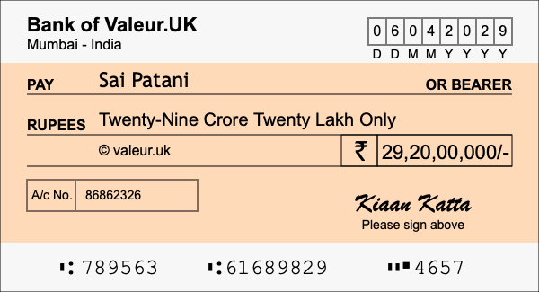 How to write a cheque for 29.2 crore rupees