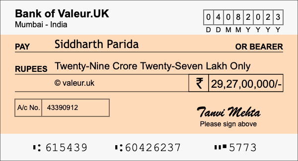 How to write a cheque for 29.27 crore rupees