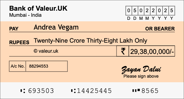 How to write a cheque for 29.38 crore rupees
