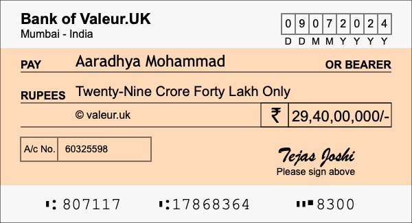 How to write a cheque for 29.4 crore rupees How to write a cheque for 29.4 crore rupees