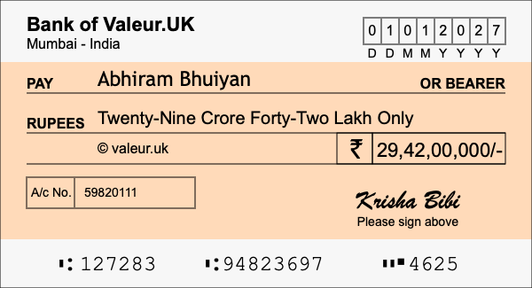 How to write a cheque for 29.42 crore rupees