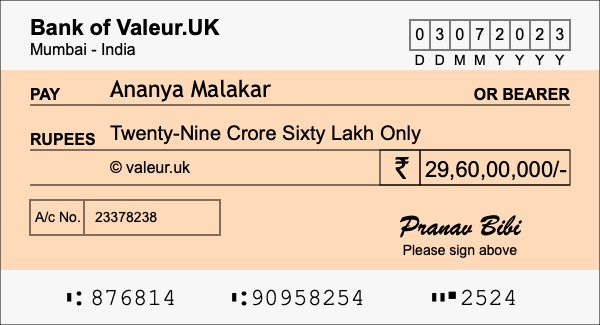 How to write a cheque for 29.6 crore rupees How to write a cheque for 29.6 crore rupees