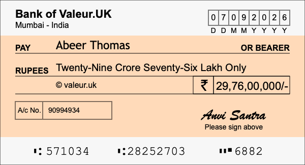How to write a cheque for 29.76 crore rupees How to write a cheque for 29.76 crore rupees