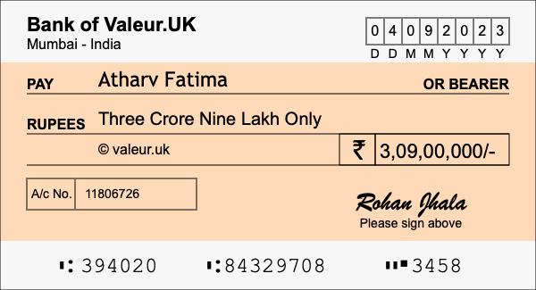 How to write a cheque for 3.09 crore rupees