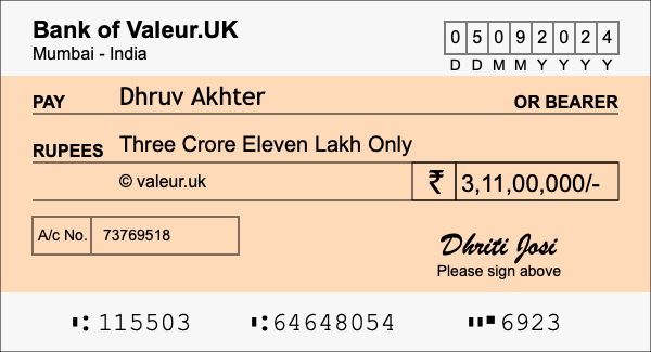 How to write a cheque for 3.11 crore rupees