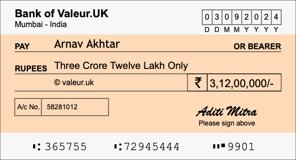 How to write a cheque for 3.12 crore rupees