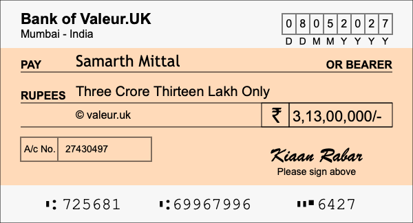 How to write a cheque for 3.13 crore rupees