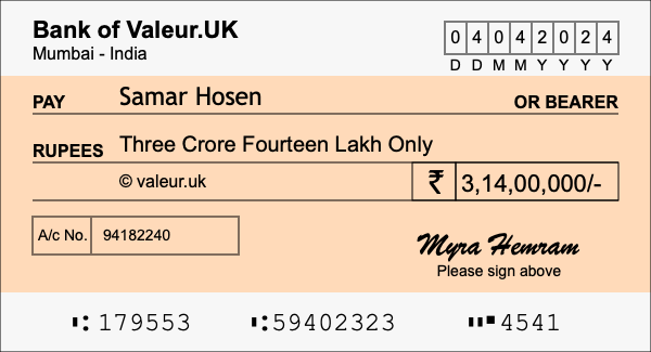 How to write a cheque for 3.14 crore rupees