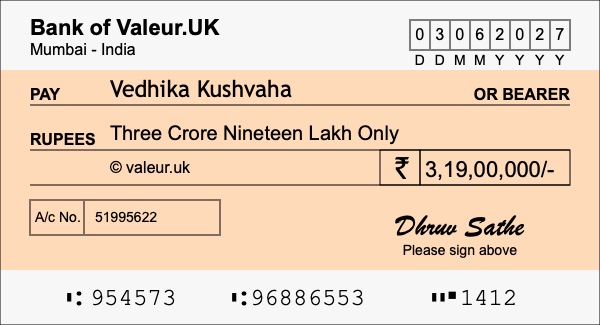 How to write a cheque for 3.19 crore rupees