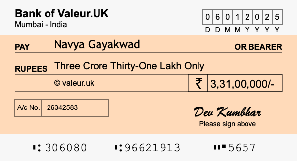 How to write a cheque for 3.31 crore rupees