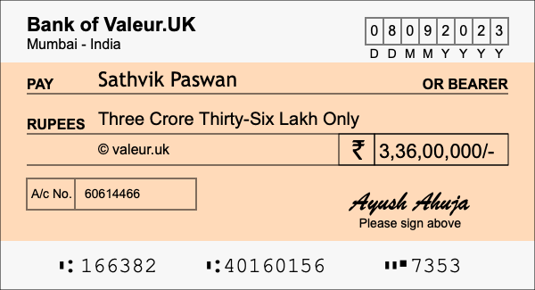 How to write a cheque for 3.36 crore rupees How to write a cheque for 3.36 crore rupees