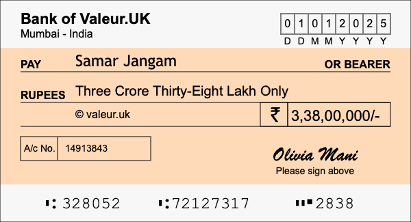 How to write a cheque for 3.38 crore rupees How to write a cheque for 3.38 crore rupees