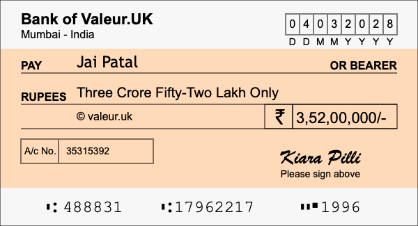 How to write a cheque for 3.52 crore rupees How to write a cheque for 3.52 crore rupees