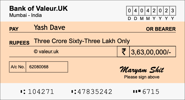 How to write a cheque for 3.63 crore rupees How to write a cheque for 3.63 crore rupees