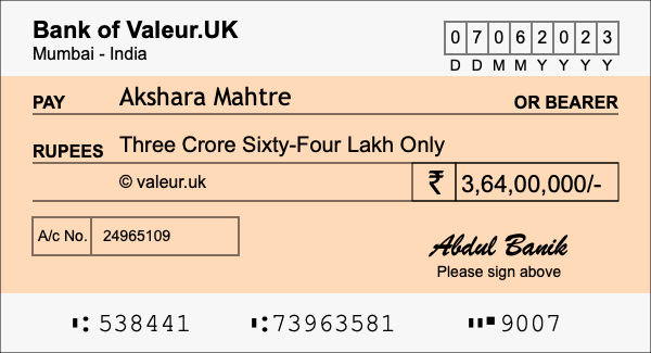 How to write a cheque for 3.64 crore rupees How to write a cheque for 3.64 crore rupees