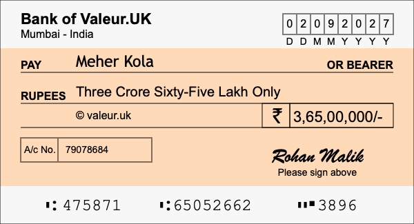How to write a cheque for 3.65 crore rupees How to write a cheque for 3.65 crore rupees