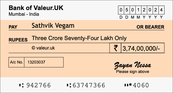 How to write a cheque for 3.74 crore rupees How to write a cheque for 3.74 crore rupees