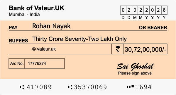 How to write a cheque for 30.72 crore rupees