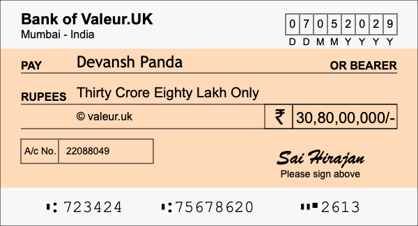 How to write a cheque for 30.8 crore rupees How to write a cheque for 30.8 crore rupees