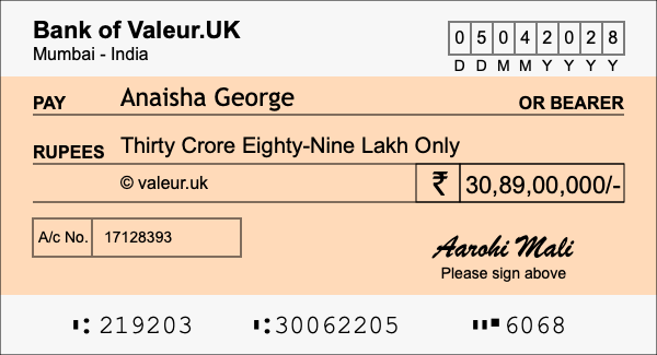 How to write a cheque for 30.89 crore rupees How to write a cheque for 30.89 crore rupees