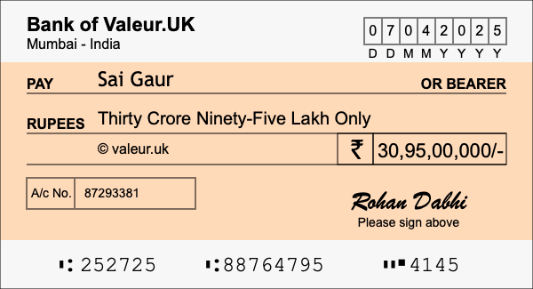How to write a cheque for 30.95 crore rupees
