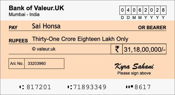 How to write a cheque for 31.18 crore rupees