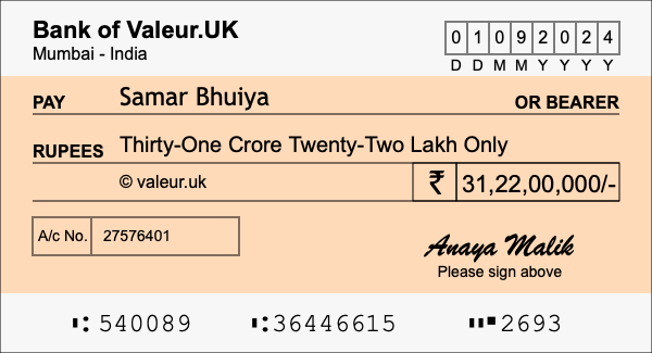 How to write a cheque for 31.22 crore rupees