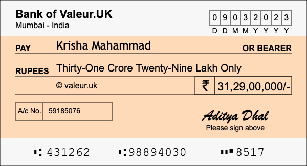 How to write a cheque for 31.29 crore rupees